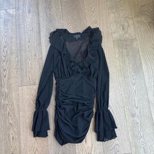 Michael Costello x REVOLVE || Mavis Mini Dress Sheer Ruffle Long Sleeve Black S